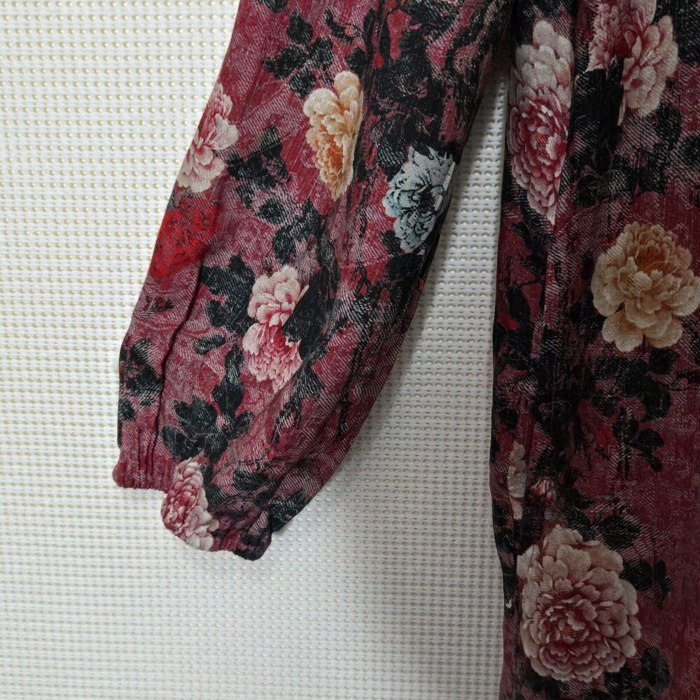 Peruvian Connection Dress Womens Medium Red Floral Lace Up Pockets Tunic - Picture 5 of 10